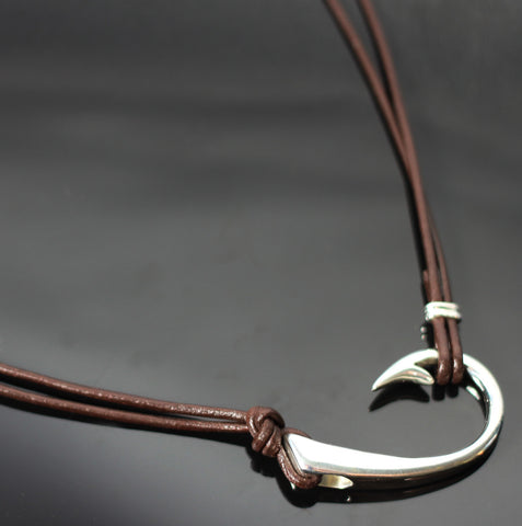 2 in 1 Lg Hook Necklace w/ Brown Leather-2-1P1017-BL