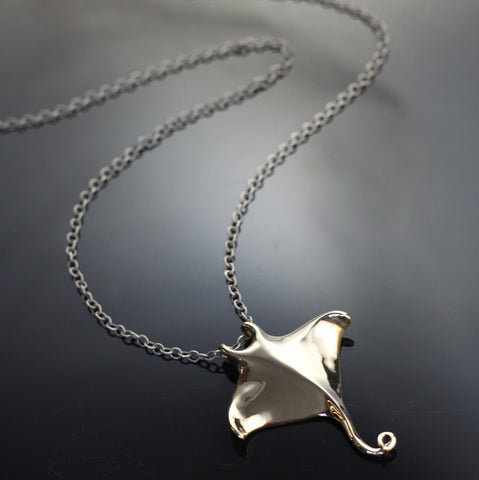 Bronze Manta Ray Pendant on silver chain