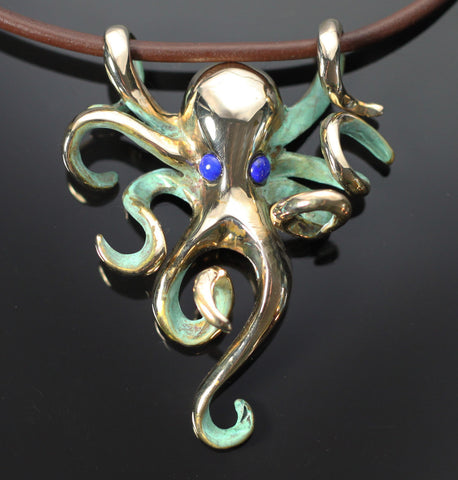 Bronze Octopus Pendant-BRS1022-Lapis Eyes