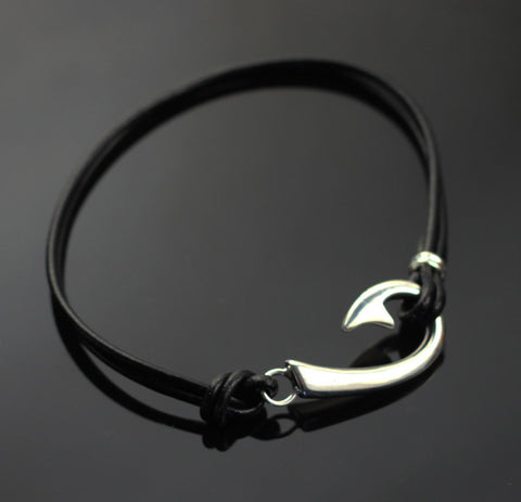 “J” Hook Bracelet on Black Leather- BP1039
