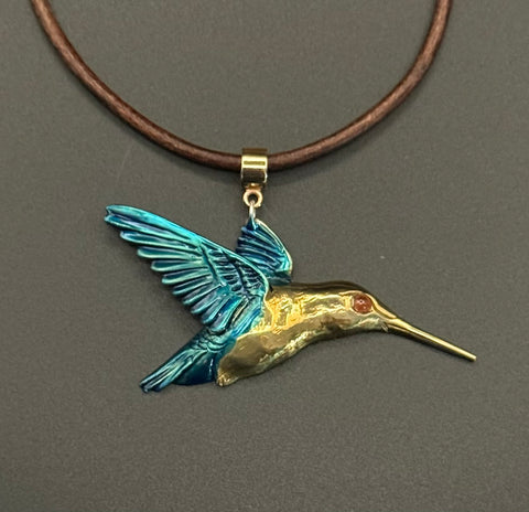 NEW! Bronze Hummingbird Pendant with Blue Patina-BRW1008-B