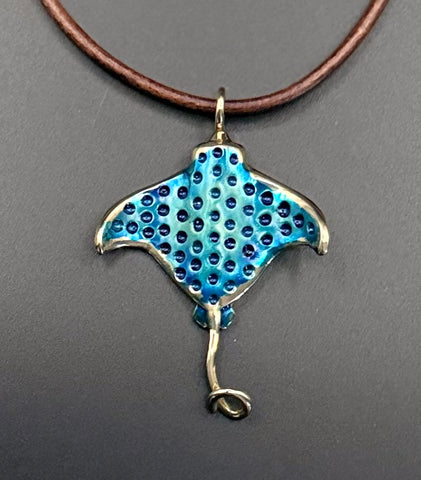 NEW! Bronze Spotted Eagle Ray Pendant with Blue Patina-BRS1024B