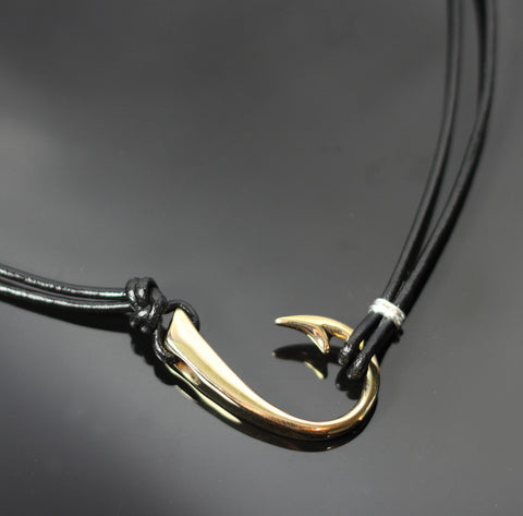 2 in 1 Bronze Lg Hook Necklace w/Black Leather-2-1BRP1017-BL