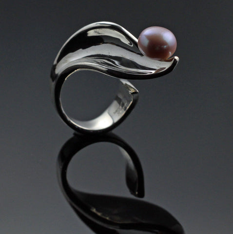 Side Leaf Ring with Pink Pearl-R1018PP