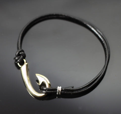 Bronze "J" Hook bracelet w/ Black Leather-BRBP1039-BL