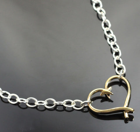 Bronze Hook Heart on silver link necklace-BRP1047-NL