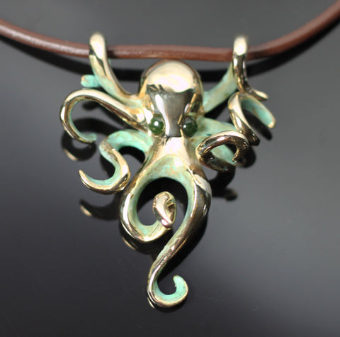 Bronze Octopus Pendant w/ Jade Eyes