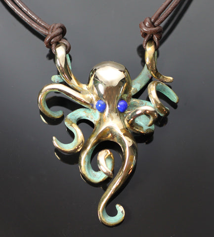 Bronze Octopus Necklace-BRS1022-N-Lapis Eyes
