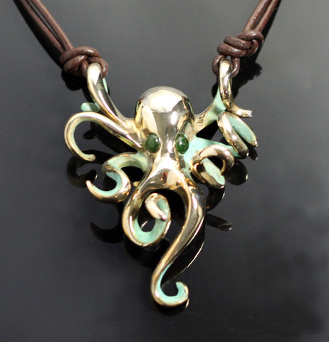 Bronze Octopus Necklace with Jade Eyes-BRS1022