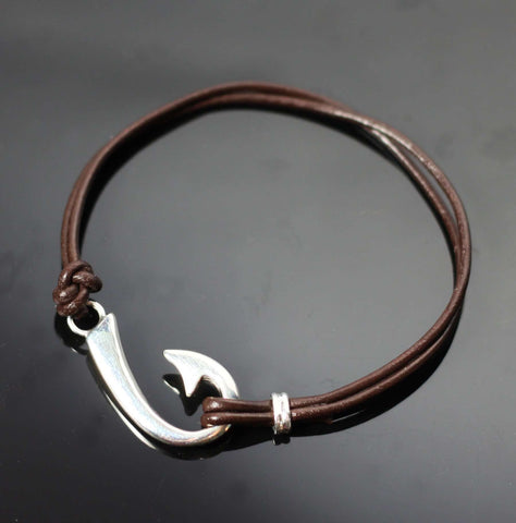 "J" Hook Bracelet with Brown Leather-BP1039-BL
